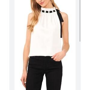 CeCe Women's Contrast Tie Neck Shoulder Bow Sleeveless Blouse Top Size M